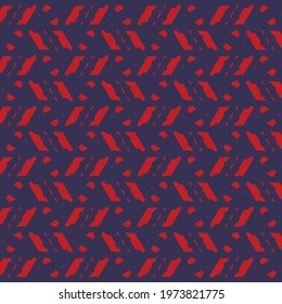 Blue surface, decorated with red lines and dots following a herringbone artistic pattern. Textile design.