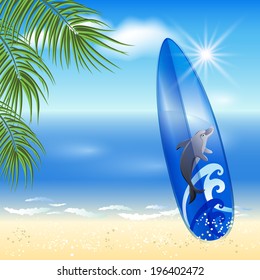 Blue surfboard with dolphin on the sea background and palm branch