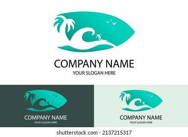 Blue Surfboard Logo Art With Negative Wave and Surfer