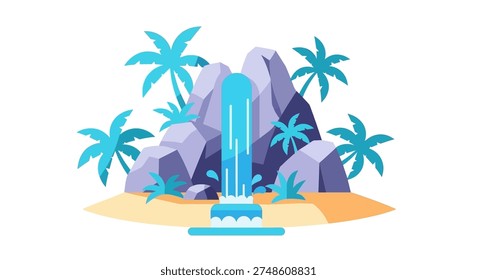 A blue surfboard on a sandy beach with rocks and palm trees isolated on white background, Vector, illustration