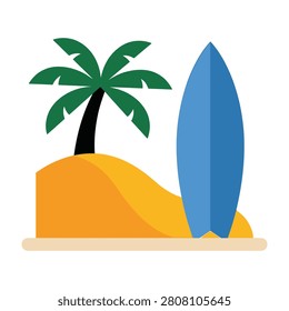 A blue surfboard on a sandy beach with a palm tree, perfect for summer vacation or outdoor recreation concepts