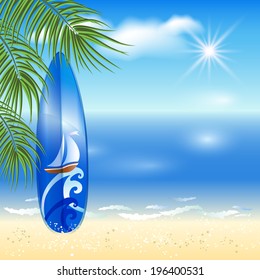 Blue surfboard with sailing on the sea background and palm branch