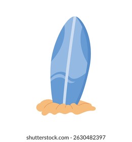 Surfboard azul em pé na areia. Ícone de prancha de surfe de praia. Ilustração vetorial plana de equipamento de surf isolado no fundo branco.