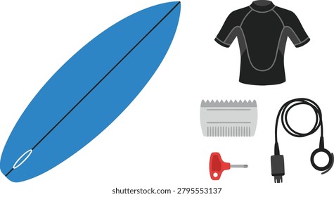 A blue surfboard with a wetsuit, leash, fin key, and wax comb, representing surfing equipment.