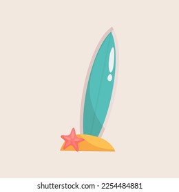 Blue surfing board in sand vector illustration. Cartoon drawing of surfboard on beach with starfish isolated on white background. Summer, vacation or holiday, entertainment concept