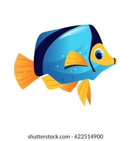 Blue surgeon fish, sea, tropical, aquarium fish. Colorful cartoon character