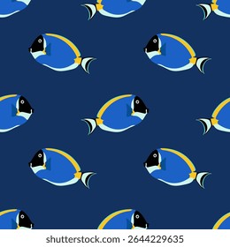 Blue surgeonfish. Pattern with tropical fish on blue background. For ocean-themed textiles, wallpapers and packaging, postcards or covers.