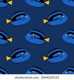Blue surgeonfish. Seamless pattern with tropical fish on blue background. For ocean-themed textiles, wallpapers and packaging, postcards or covers.
