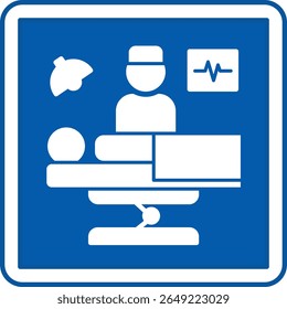 Blue Surgery Sign. Vector Illustration. Doctor Standing Near Patient, Surgical Treatment Methods. Warning Sign, Signboard in Hospital Department