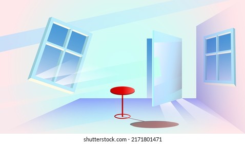 blue surreal room with a door and windows. Vetor illustration