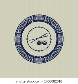 Blue sushi icon inside distressed rubber grunge texture seal