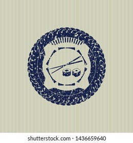 Blue sushi icon inside distressed rubber grunge texture stamp
