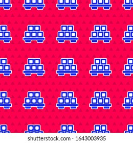 Blue Sushi on cutting board icon isolated seamless pattern on red background. Asian food sushi on wooden board.  Vector Illustration