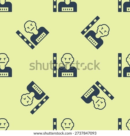 Blue Suspect criminal icon isolated seamless pattern on yellow background. The criminal in prison, suspected near the board.  Vector
