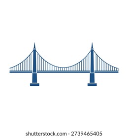 Blue suspension bridge spanning across a clean white background with detailed towers and cables in minimalist style