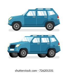 Blue SUV car in flat style - detailed vector illustration. A side view and in a half-turn.