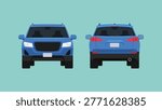 Blue SUV car in front and rear view with modern crossover design, passenger vehicle for urban transport, family travel, and mobility concept, vector flat  illustration