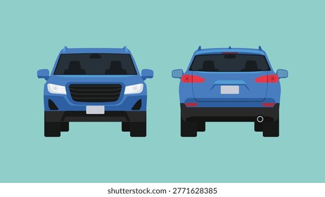 Blue SUV car in front and rear view with modern crossover design, passenger vehicle for urban transport, family travel, and mobility concept, vector flat  illustration