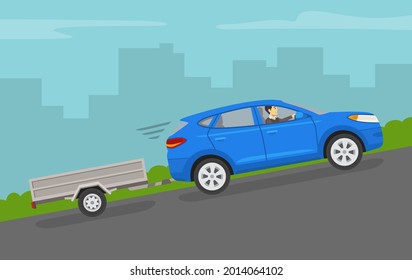 Blue suv car towing a trailer on a grade. City hill view. Flat vector illustration template.