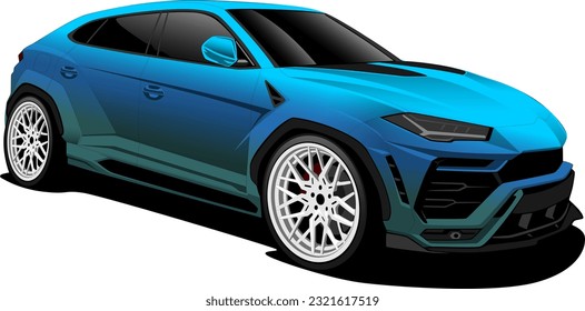blue suv performance supercar sports car widebody front side wheels view vector illustration