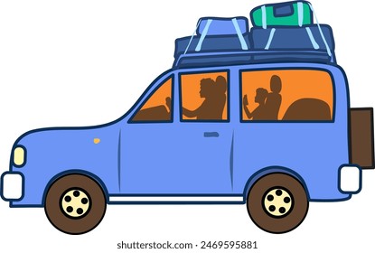 Blue SUV with suitcases on the roof trunk. In the windows of the car the silhouette of the driver and his son in the back seat playing on a smartphone. Vector illustration with transparent background 
