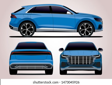 blue SUV. View from three sides. Audi Q8.