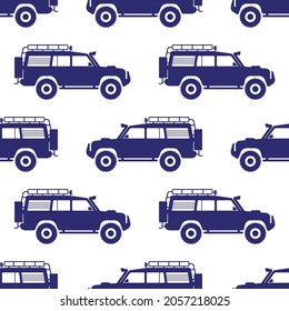 Blue SUVs isolated on white background. Cute monochrome car off-road seamless pattern. Vector simple flat graphic illustration. Texture.