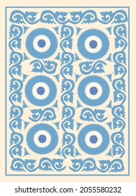 Blue suzani carpet - traditional art in Central Asian countries. Home interior element. Nowadays using in the fashion industry too.