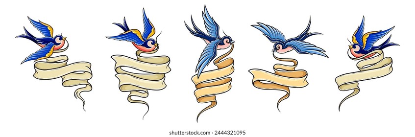 Blue Swallow Flying with Blank Ribbon Vector Set