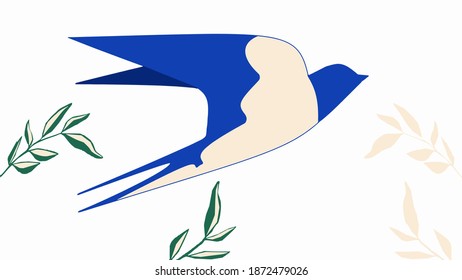 Blue swallow flying over green and beige leaves.