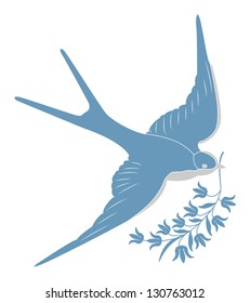 blue swallow with plant isolated on white background