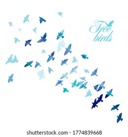 Blue swallows. Flying flock of birds. Mixed media. Free birds. Vector illustration