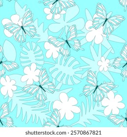 Blue swallowtail butterflies, tropical leaves and flowers. Seamless decorative pattern on a light blue background. 