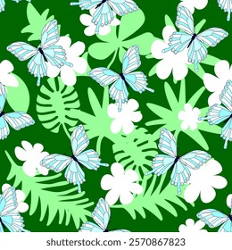 Blue swallowtail butterflies, tropical leaves and flowers. Seamless decorative pattern on a green background. 