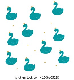 blue swan pattern in a gold crown. modern color design for fabric, textile, wallpaper, cover, wrapping paper, fashion. Hand drawn.Vector