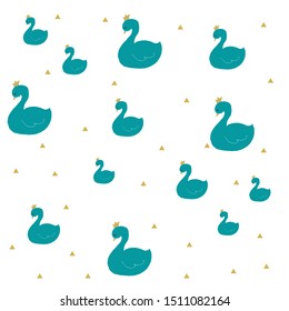 blue swan pattern in a gold crown. modern color design for fabric, textile, wallpaper, cover, wrapping paper, fashion. Hand drawn.Vector