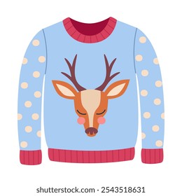 Blue sweater with cute deer. Hand drawn flat style isolated. Vector illustration