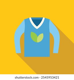 Blue sweater with a green leaves logo promoting environmental awareness