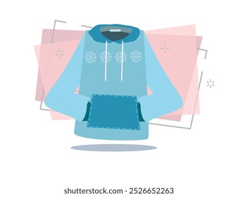 Blue sweatshirt illustration. Snowflakes, pattern, coat. Fashion concept. Vector illustration can be used for topics like shopping, wardrobe, winter