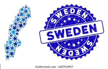 Blue Sweden map composition of stars, and scratched rounded stamp seal. Abstract territory plan in blue color hues. Vector Sweden map is designed with blue stars.