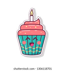 blue sweet cute birthday cupcake Vector Illustration Cartoon Kawaii Character Icon for banner, sticker, menu, postcard, poster, card, print, t shirt