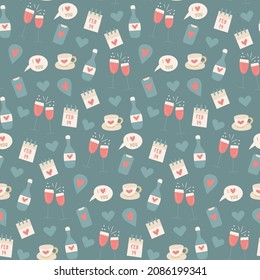 Blue Sweet seamless repeat romantic pattern for Saint Valentine day, love heart romance pink red beige white pastel colours