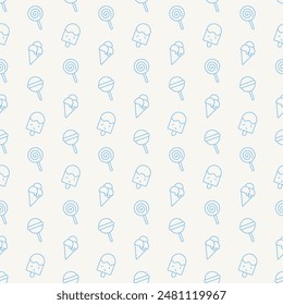 Blue sweets background. Basic flat design dessert pattern. Ice cream cone, ice cream stick, candy sign symbol. Wallpaper, seamless.