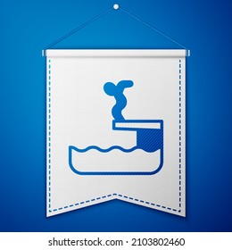 Blue Swimmer diving into pool icon isolated on blue background. White pennant template. Vector