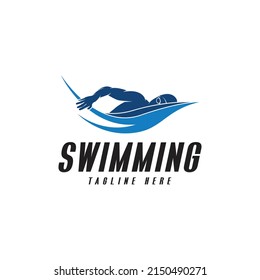 Blue swimming logo with abstract man silhouette.