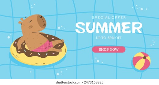 Blue swimming pool with capybara sunbathing banner