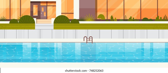 Blue Swimming Pool Near Luxury Villa House, Exterior Of Modern Cottage Horizontal Banner Flat Vector Illustration