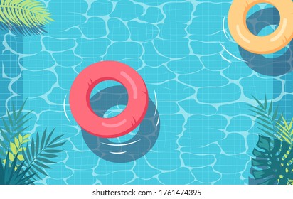 Piscina azul con olas en agua y salvavidas de color ilustración vectorial