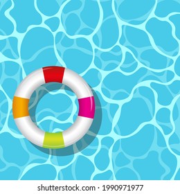 Piscina azul, fondo de agua con anillo flotante de nado, ilustración vectorial.