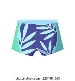 Blue swimwear with tropical pattern vector illustration. Cartoon drawing of male swim shorts or underpants isolated on white background. Summer, fashion concept